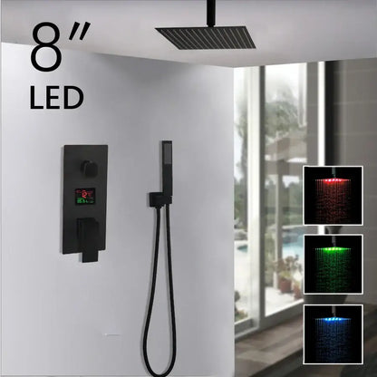 Matte black led digital shower faucet set bathroom rain head
