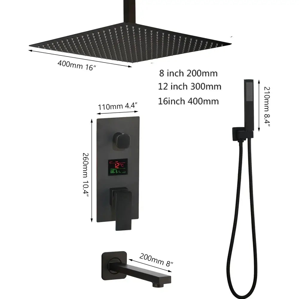 Matte black led digital shower faucet set bathroom rain head