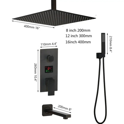 Matte black led digital shower faucet set bathroom rain head