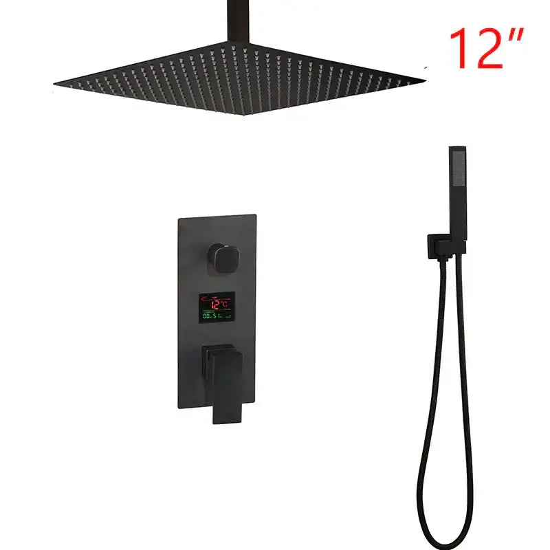 Matte black led digital shower faucet set bathroom rain head