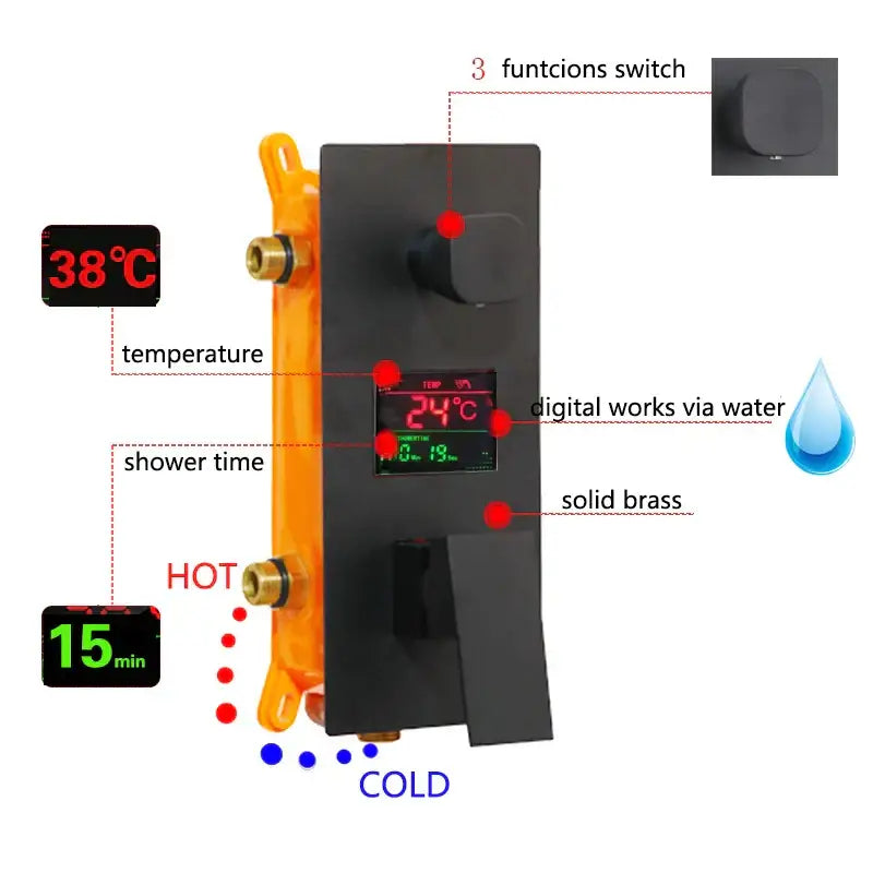 Matte black led digital shower faucet set bathroom rain head