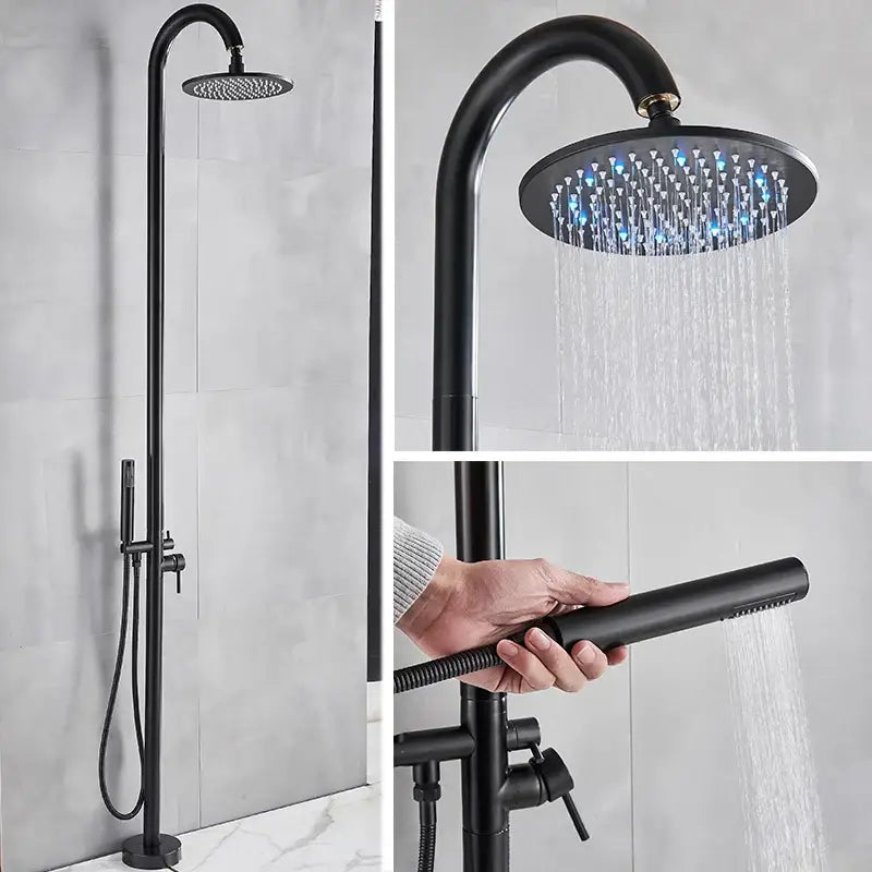 Matte black led rainfall outdoor shower set with handheld spray