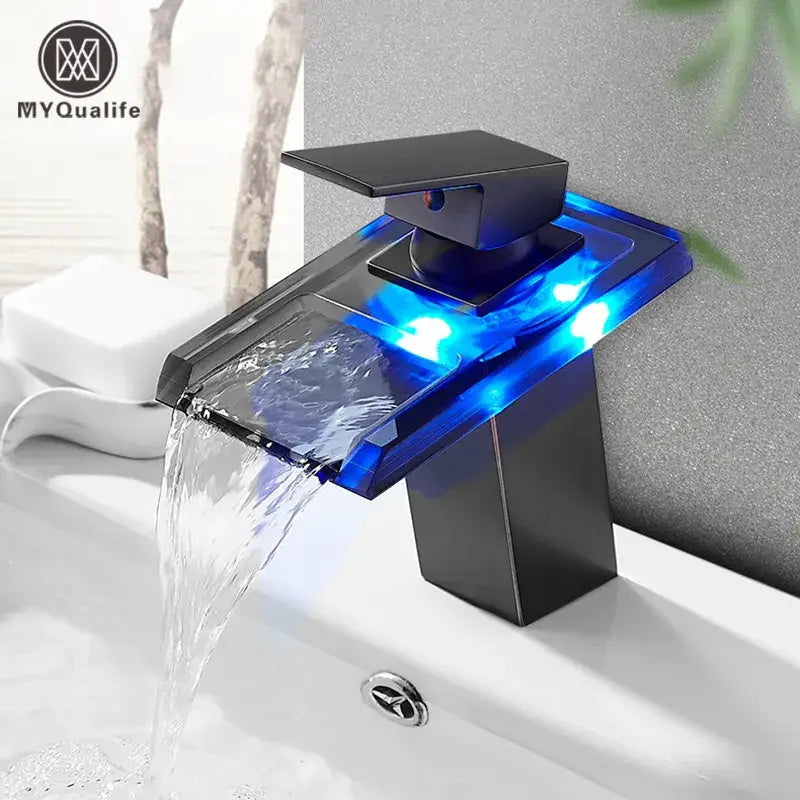 Matte black led waterfall basin faucet bathroom glass fixture