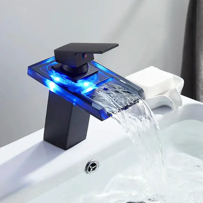 Matte black led waterfall basin faucet bathroom glass fixture