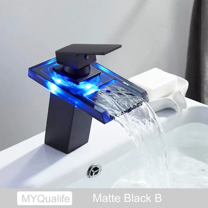Matte black led waterfall basin faucet bathroom glass fixture