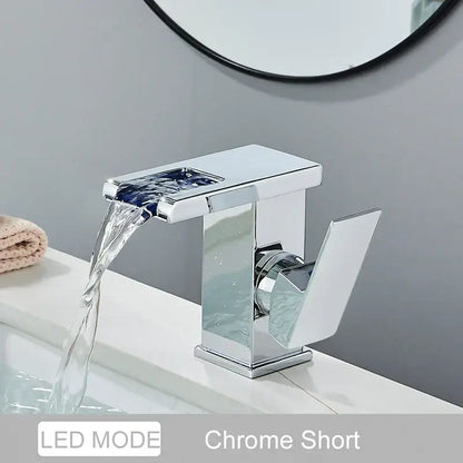 Matte black led waterfall basin faucet bathroom glass fixture