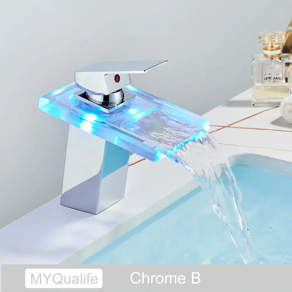 Matte black led waterfall basin faucet bathroom glass fixture