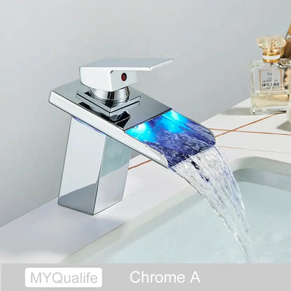 Matte black led waterfall basin faucet bathroom glass fixture