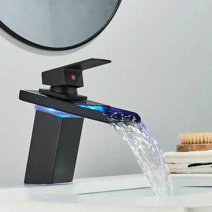 Matte black led waterfall basin faucet bathroom glass fixture