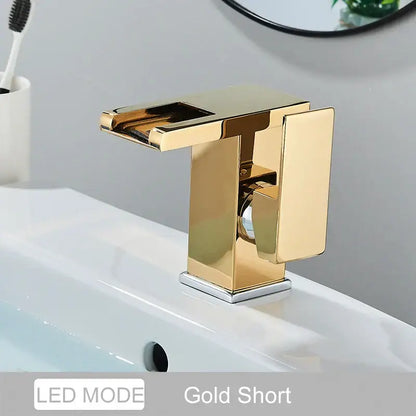 Matte black led waterfall basin faucet bathroom glass fixture