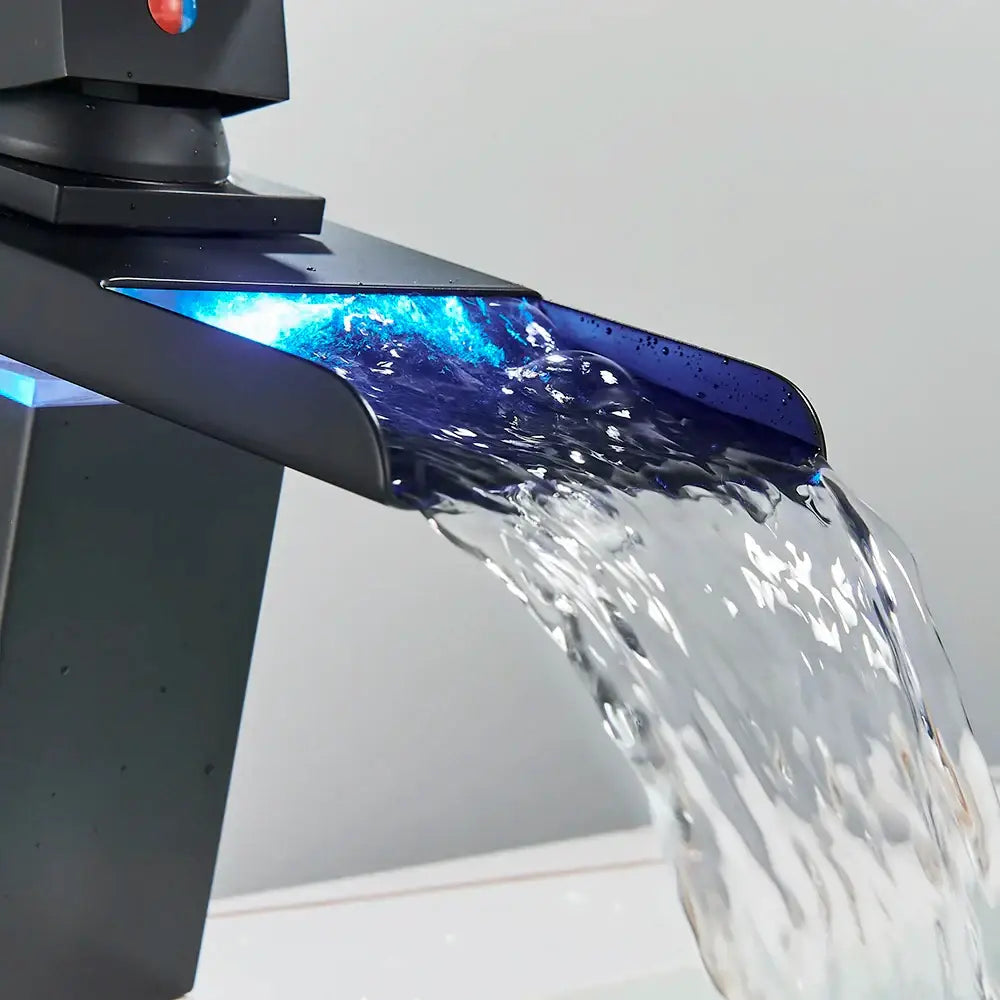 Matte black led waterfall basin faucet bathroom glass fixture