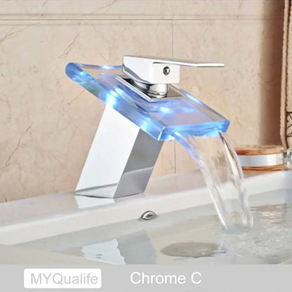 Matte black led waterfall basin faucet bathroom glass fixture