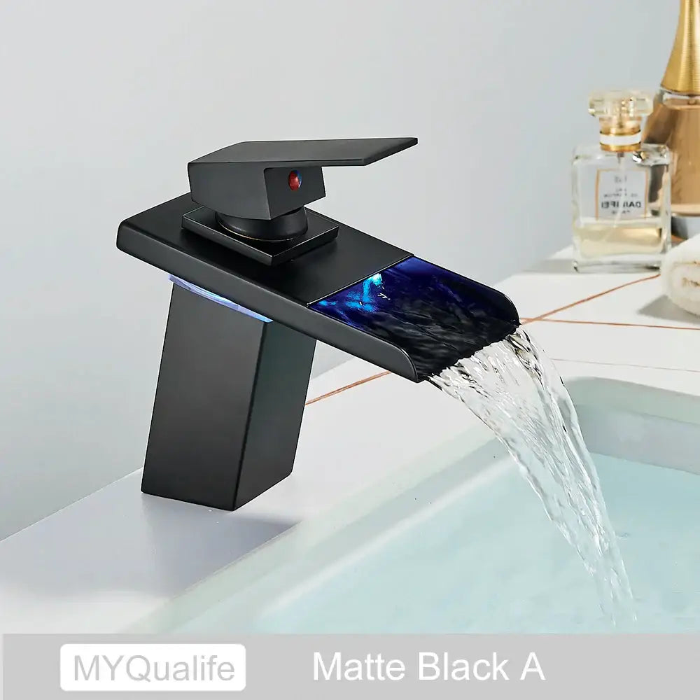 Matte black led waterfall basin faucet bathroom glass fixture