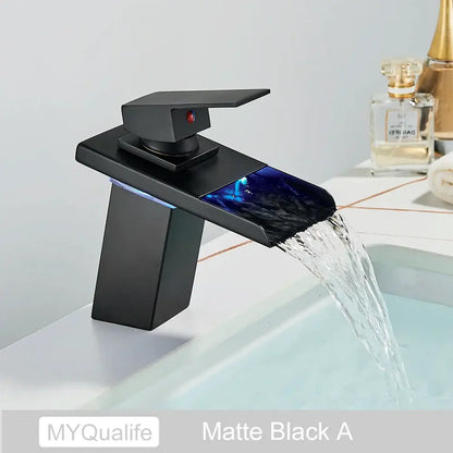 Matte black led waterfall basin faucet bathroom glass fixture