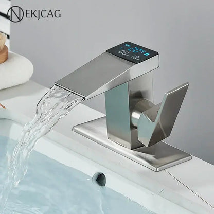 Matte black led waterfall basin faucet bathroom temperature display