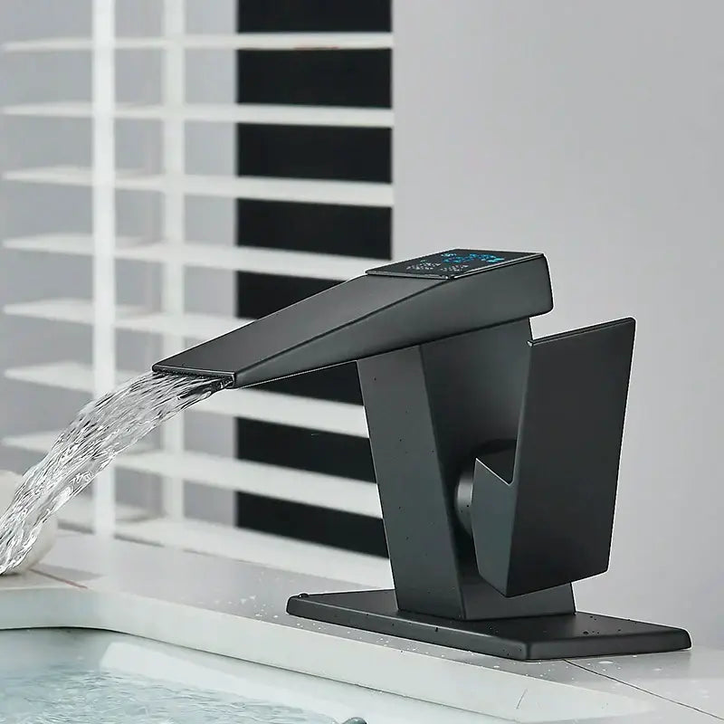 Matte black led waterfall basin faucet bathroom temperature display