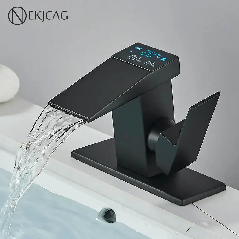 Matte black led waterfall basin faucet bathroom temperature display