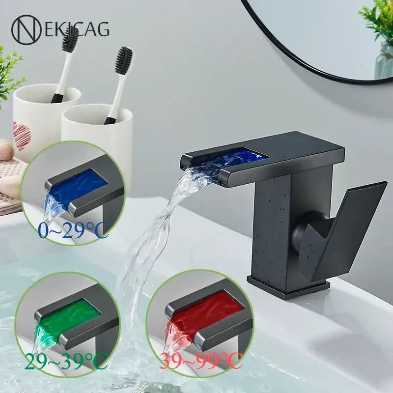 Matte black led waterfall basin faucet with temperature display kitchen