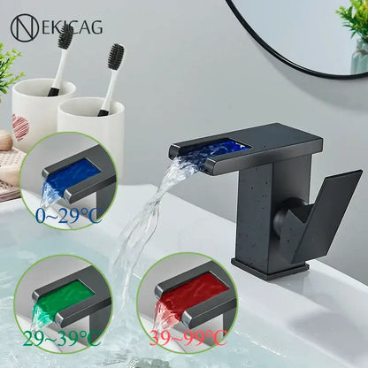 Matte black led waterfall basin faucet with temperature display kitchen