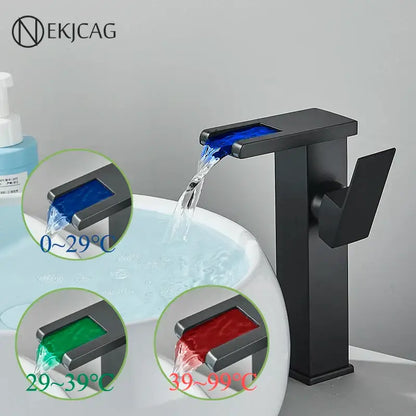 Matte black led waterfall basin faucet with temperature display kitchen