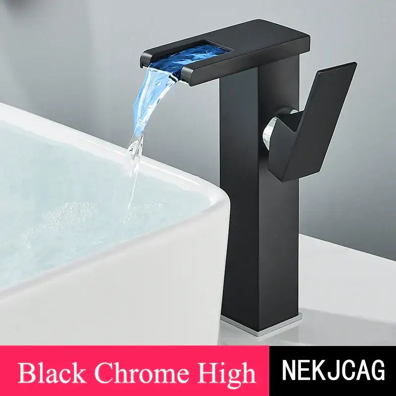 Matte black led waterfall basin faucet with temperature display kitchen