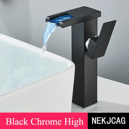 Matte black led waterfall basin faucet with temperature display kitchen