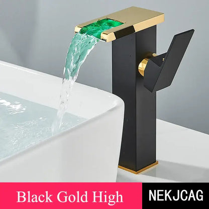 Matte black led waterfall basin faucet with temperature display kitchen