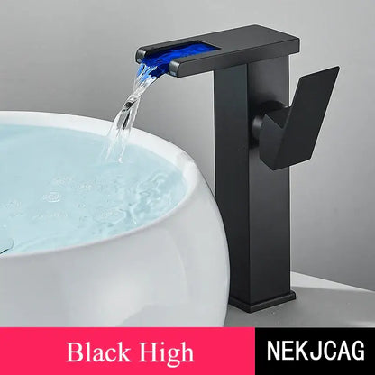 Matte black led waterfall basin faucet with temperature display kitchen