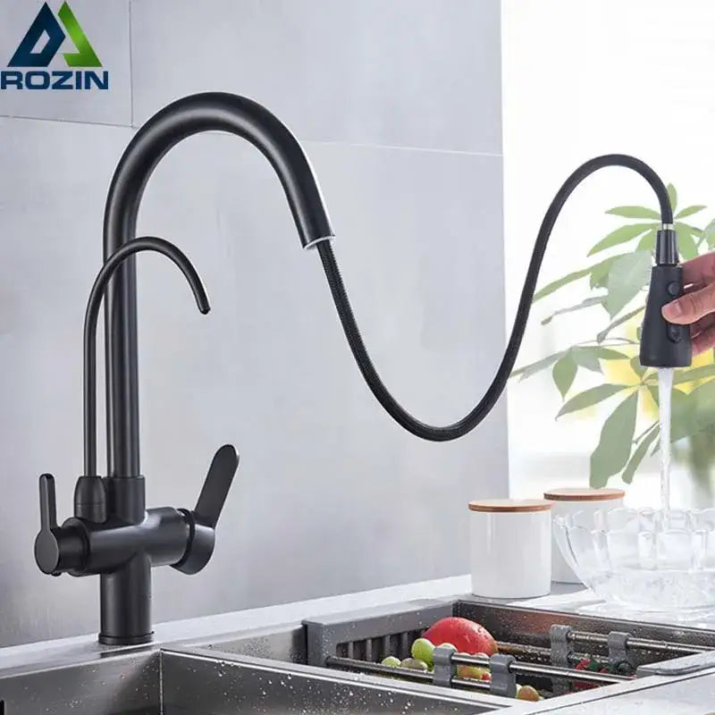 Matte black pull out kitchen faucet with water filter mixer