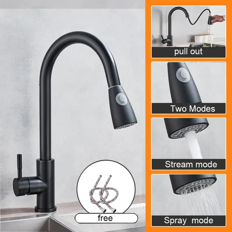 Matte black pull out kitchen sink faucet with stream sprayer