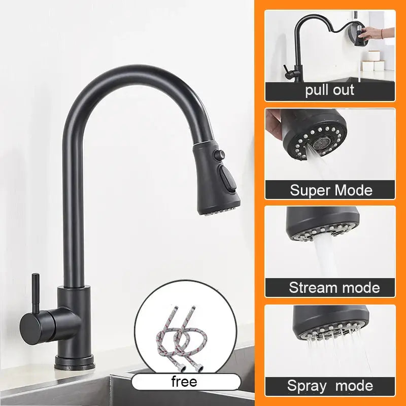 Matte black pull out kitchen sink faucet with stream sprayer