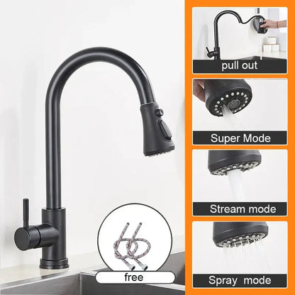 Matte black pull out kitchen sink faucet with stream sprayer