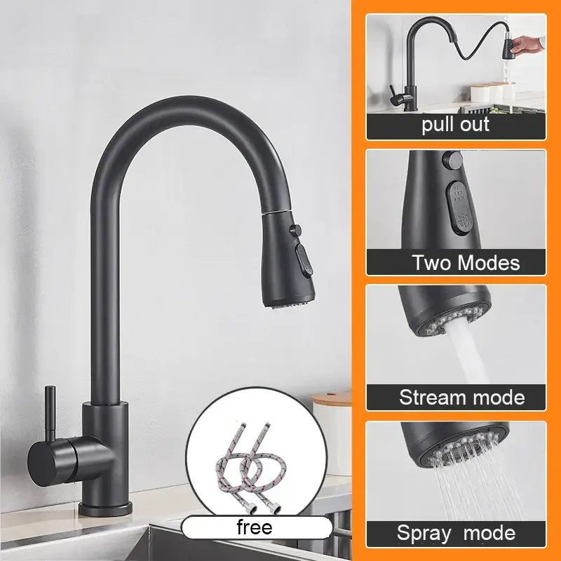 Matte black pull out kitchen sink faucet with stream sprayer