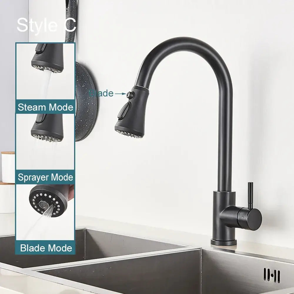 Matte black pull out kitchen sink faucet with stream sprayer