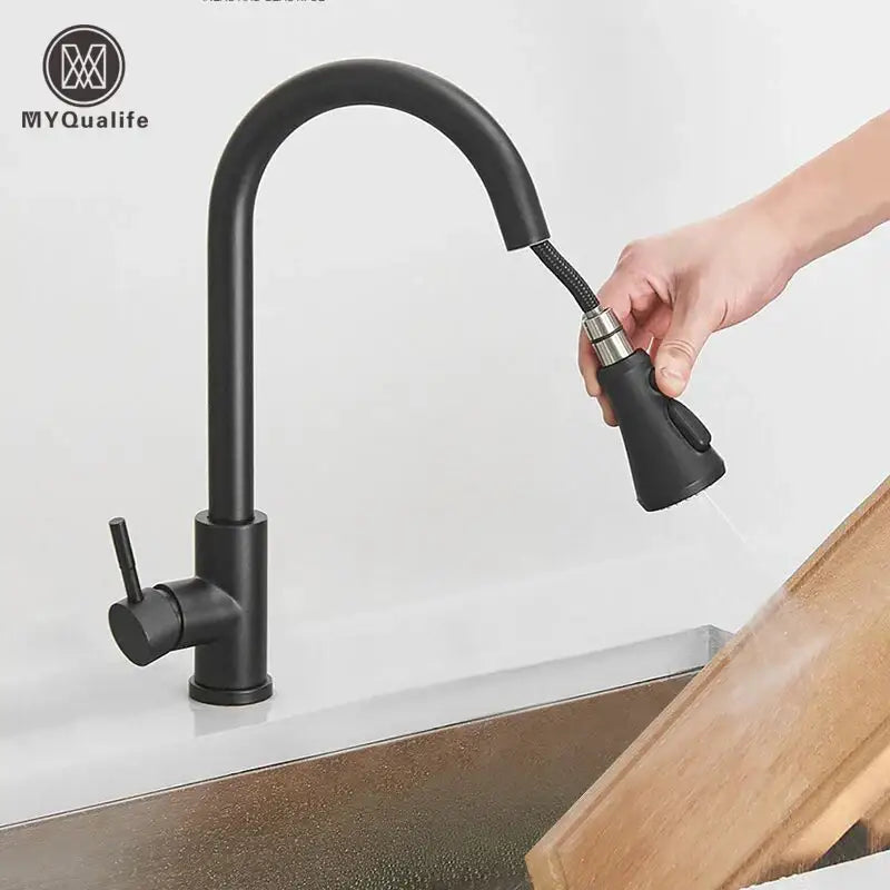 Matte black pull out kitchen sink faucet with stream sprayer