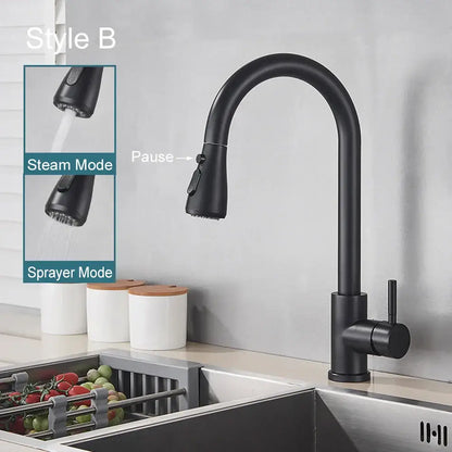 Matte black pull out kitchen sink faucet with stream sprayer