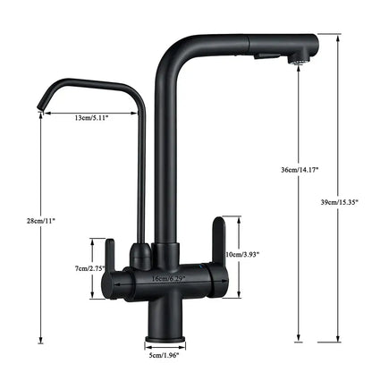 Matte black purification kitchen faucet with flexible pull out spray