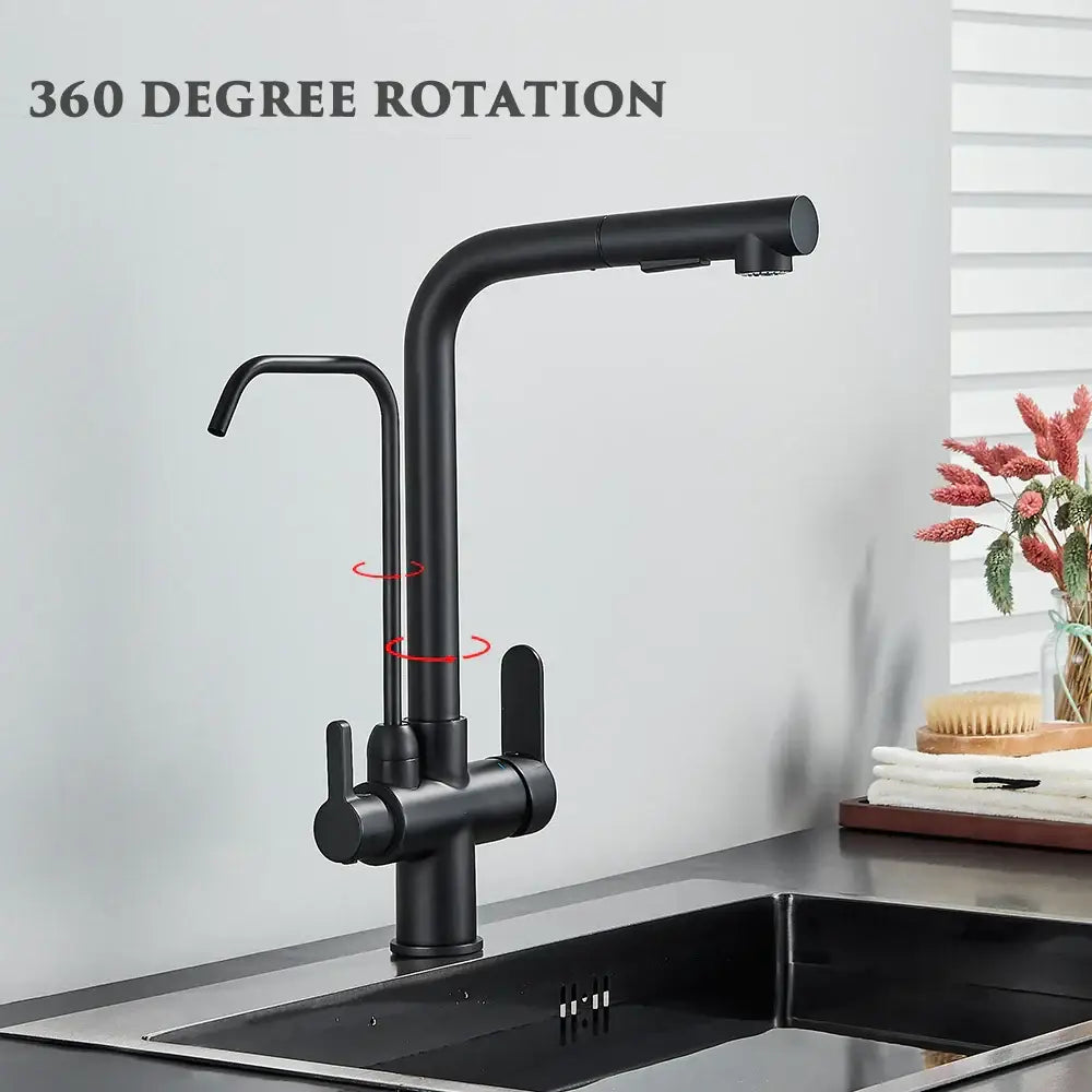 Matte black purification kitchen faucet with flexible pull out spray