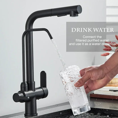 Matte black purification kitchen faucet with flexible pull out spray