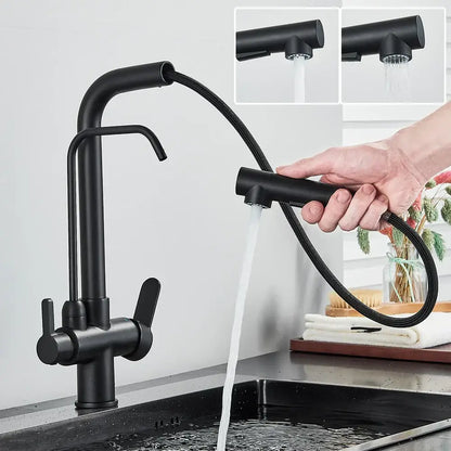 Matte black purification kitchen faucet with flexible pull out spray
