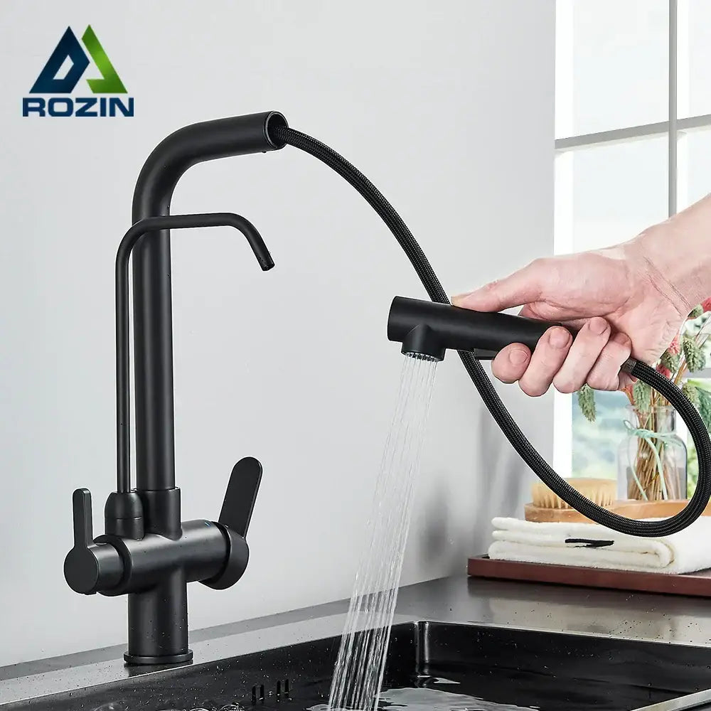 Matte black purification kitchen faucet with flexible pull out spray