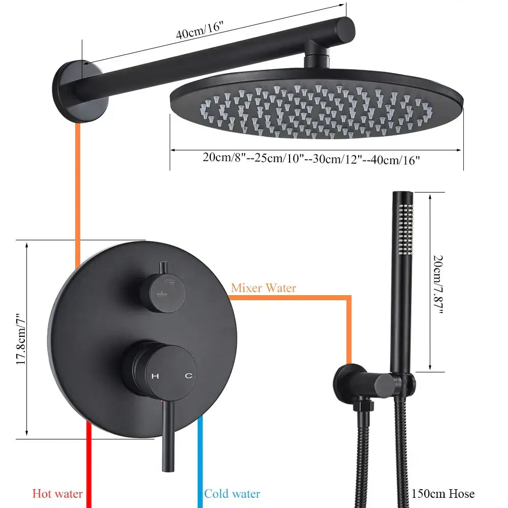 Matte black rain shower set bathroom round head and handheld spray
