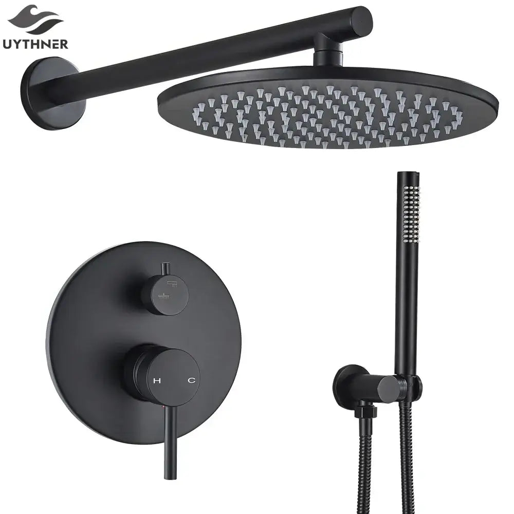 Matte black rain shower set bathroom round head and handheld spray