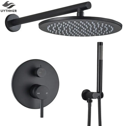 Matte black rain shower set bathroom round head and handheld spray