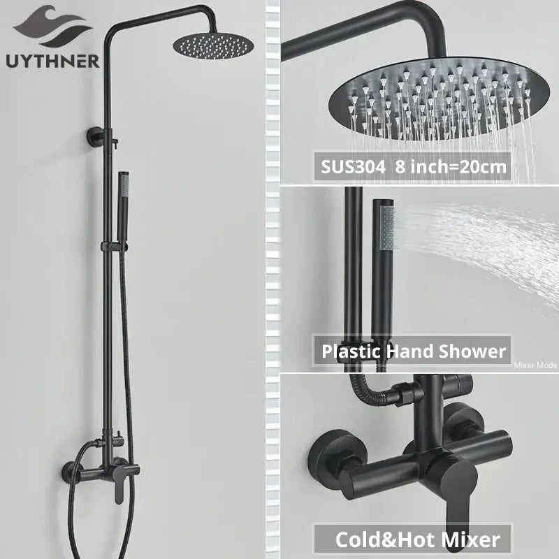 Matte black rainfall shower faucet set with hand shower for bathroom