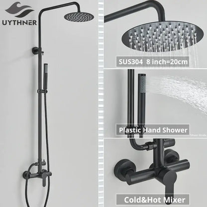 Matte black rainfall shower faucet set with hand shower for bathroom