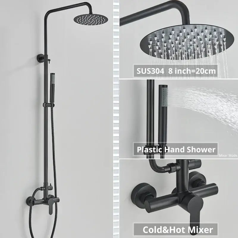 Matte black rainfall shower faucet set with hand shower for bathroom