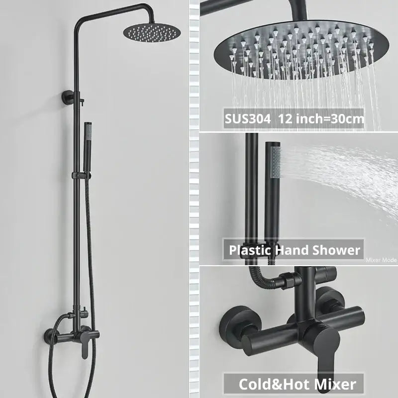 Matte black rainfall shower faucet set with hand shower for bathroom