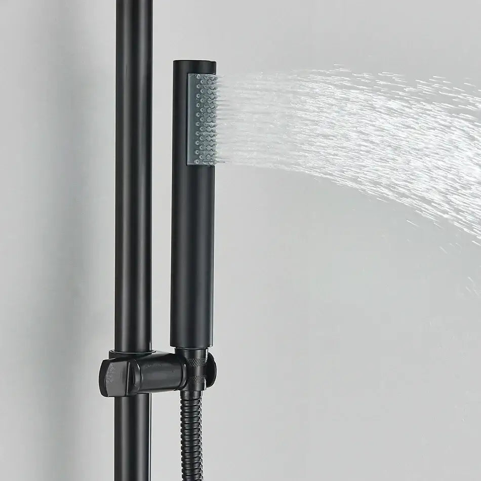 Matte black rainfall shower faucet set with hand shower for bathroom