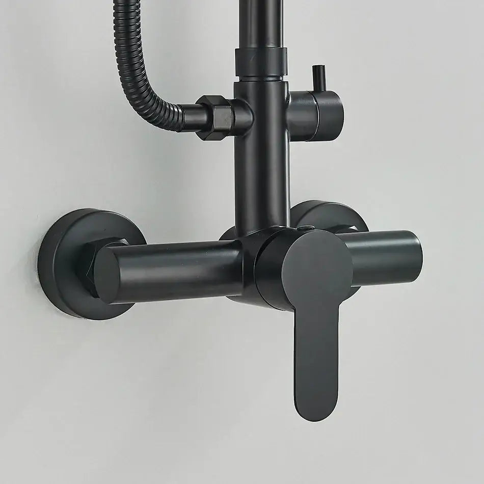 Matte black rainfall shower faucet set with hand shower for bathroom